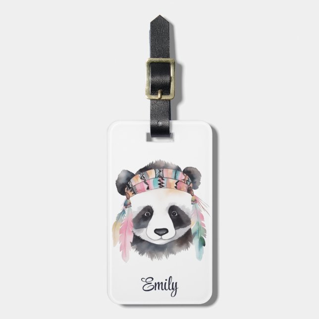 Étiquette À Bagage Joli boho aquarelle hippie conception panda (Devant Vertical)