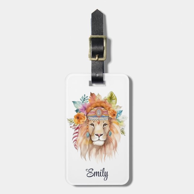 Étiquette À Bagage Joli boho aquarelle hippie design lion (Devant Vertical)