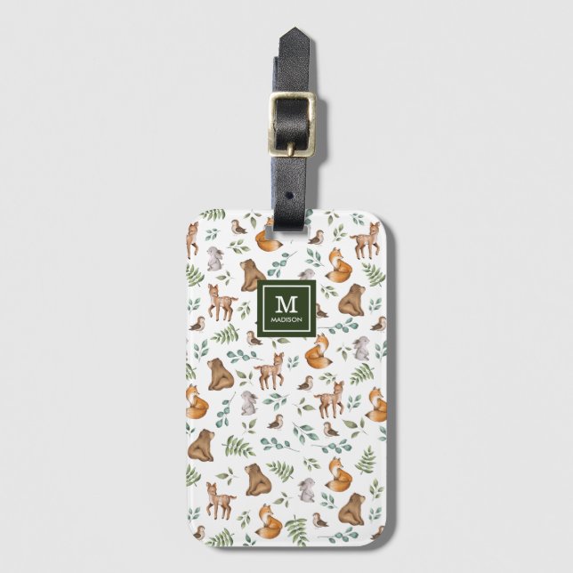 Étiquette À Bagage Joli Bois Animaux Forêt Verdure Monogramme (Devant Vertical)