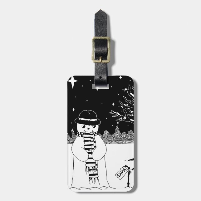 Étiquette À Bagage Joli bonhomme de neige souriant scène de neige pou (Devant Vertical)