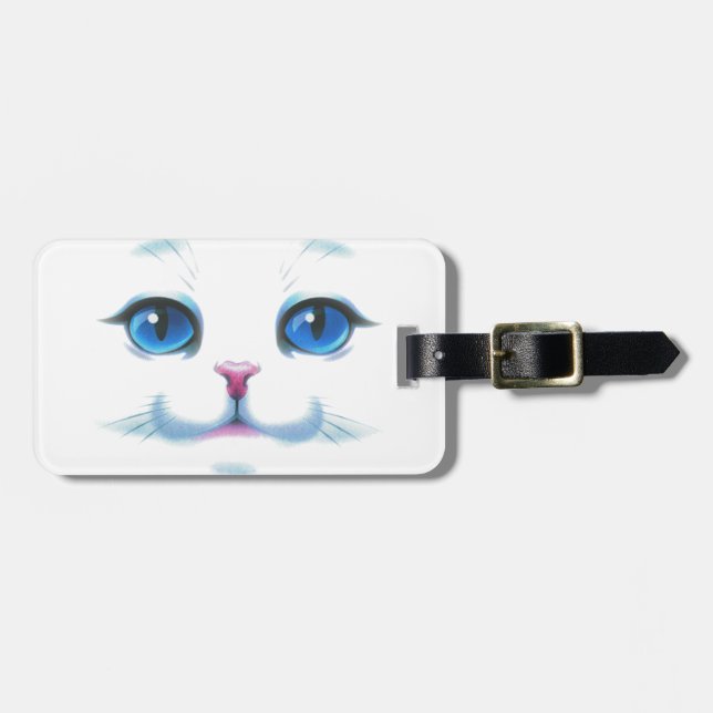 Étiquette À Bagage Joli Chat Blanc Yeux Bleus Visage (Devant horizontal)