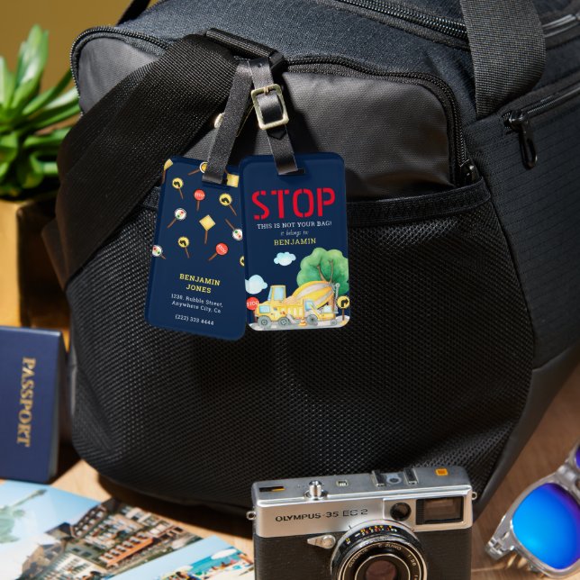 Étiquette À Bagage Joli enfant de construction STOP (Recto & Verso)