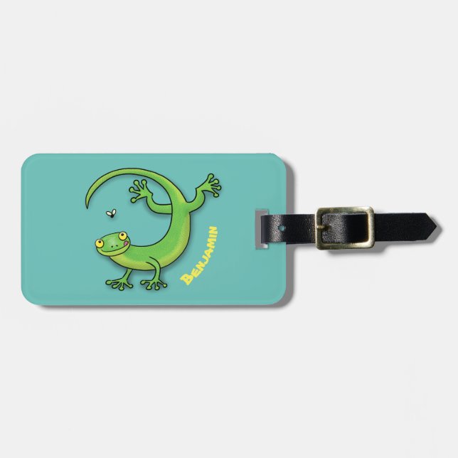 Étiquette À Bagage Joli gecko vert salutations avec dessin animé (Devant horizontal)