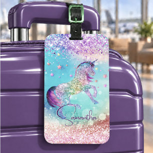 Étiquette À Bagage Joli licorne rose paillettes arc-en-ciel aqua mono
