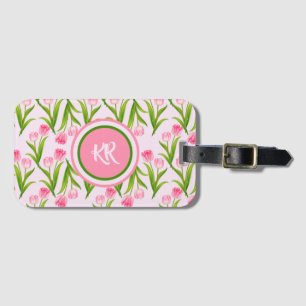 Étiquette À Bagage Joli Monogramme Fleurs Florales Tulipe Rose