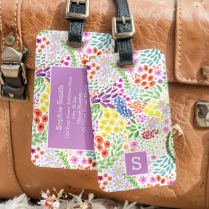 Étiquette À Bagage Joli monogramme floral aquarelle fleuri de printem