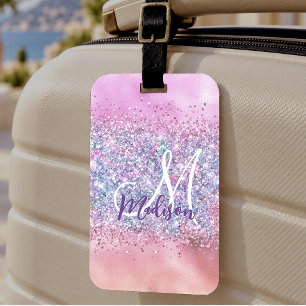 Étiquette À Bagage Joli monogramme pailleté ombré licorne iridescent