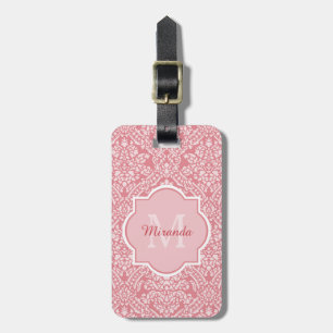 Étiquette À Bagage Joli Motif de Damas rose Monogramme avec nom