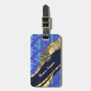 Étiquette À Bagage Joli motif de damassé personnalisé par bleu