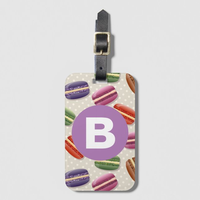 Étiquette À Bagage Joli motif de macaron pointillé violet monogramme (Devant Vertical)