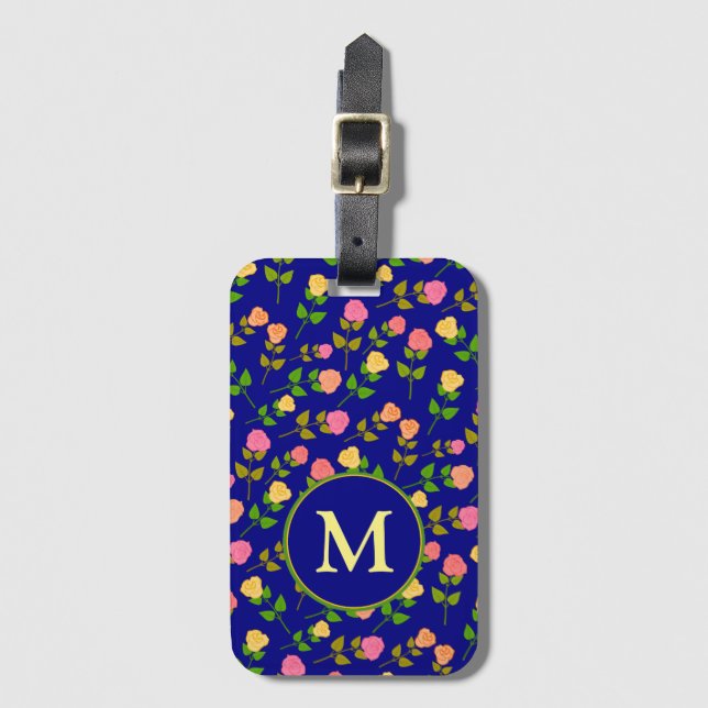 Étiquette À Bagage Joli motif de rose bleue avec monogramme (Devant Vertical)
