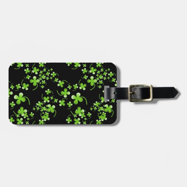 Étiquette À Bagage Joli motif Shamrock, vert sur accessoire noir (Devant horizontal)