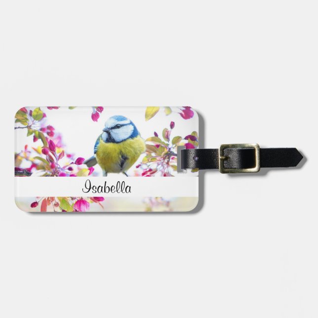 Étiquette À Bagage Joli oiseau bleu et jaune sur une branche Photogra (Devant horizontal)