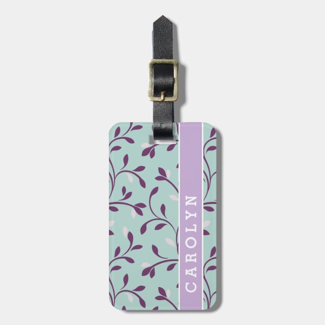 Étiquette À Bagage Joli pastel turquoise motif floral monogramme (Devant Vertical)