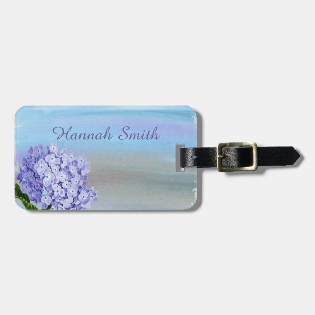 Étiquette À Bagage Joli Pastel violet Hydrangea Aquarelle (Devant horizontal)