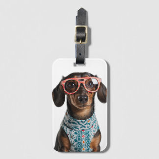 Étiquette À Bagage Joli Petit Teckel Avec Des Lunettes Rouges