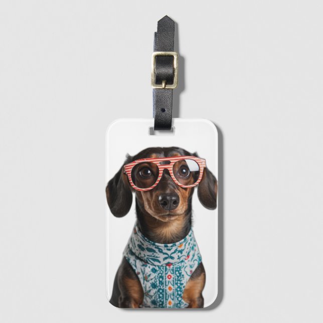Étiquette À Bagage Joli Petit Teckel Avec Des Lunettes Rouges (Devant Vertical)