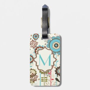 Étiquette À Bagage Joli rétro turquoise bleu motif floral monogramme
