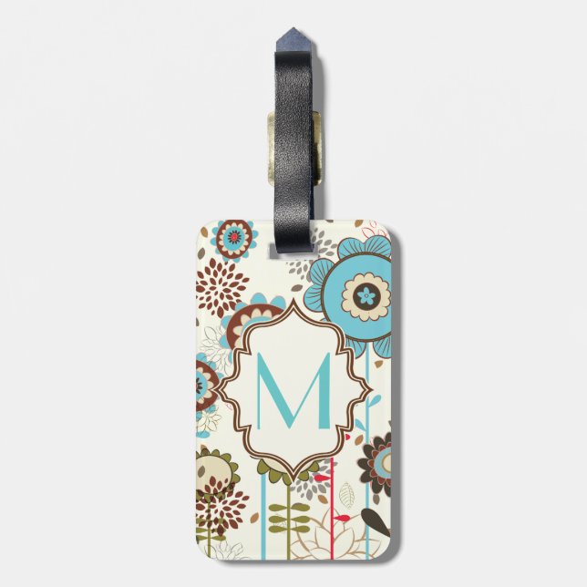Étiquette À Bagage Joli rétro turquoise bleu motif floral monogramme (Dos Vertical)