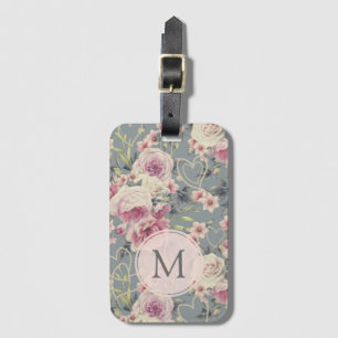 Étiquette À Bagage Joli rose floral et perles Monogramme fille