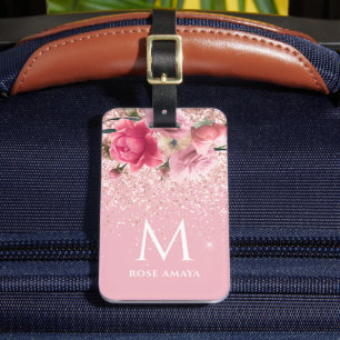 Étiquette À Bagage Joli rose Parties scintillant Floral Monogramme pe
