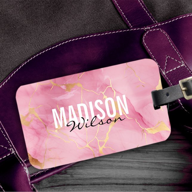 Étiquette À Bagage Joli rose rose faux parties scintillant en marbre (Créateur téléchargé)