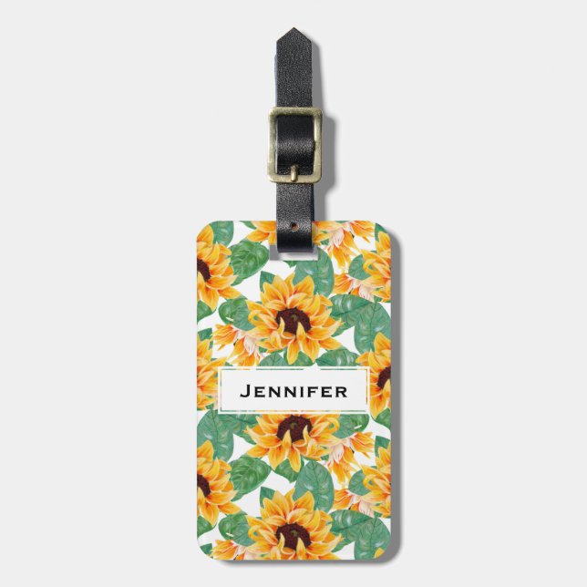 Étiquette À Bagage Joli tournesol Jaune et Motif vert (Devant Vertical)