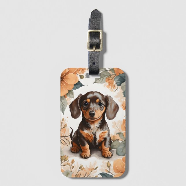 Étiquette À Bagage Jolie Brown dachshund Puppy Peach Floral (Devant Vertical)