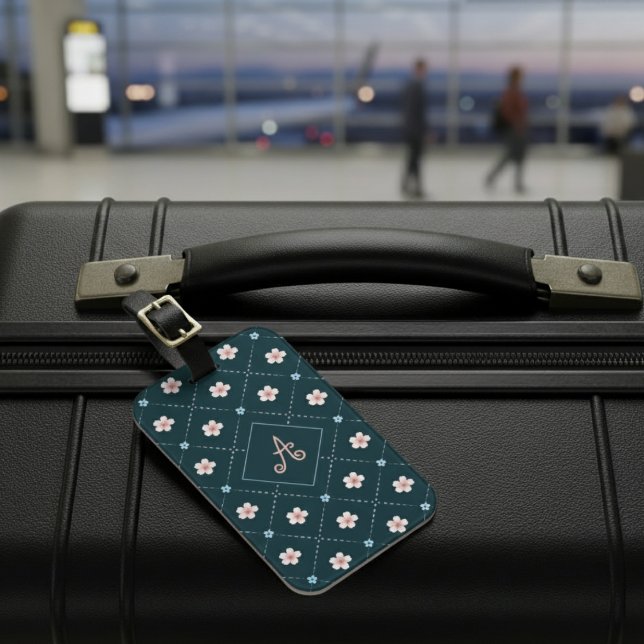 Étiquette À Bagage Jolie Fleur Rose Et Bleu Plantée Sur Turquoise Fon (Créateur téléchargé)