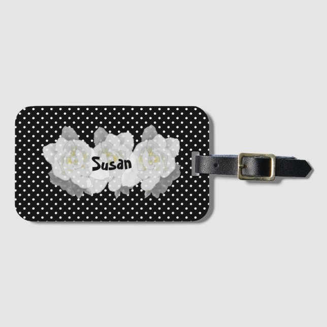 Étiquette À Bagage Jolie Gardenia blanche Fleurs sur noir et blanc (Devant Horizontal)