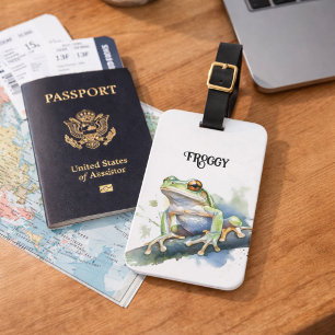 Étiquette À Bagage Jolie grenouille arboricole à l'aquarelle, personn