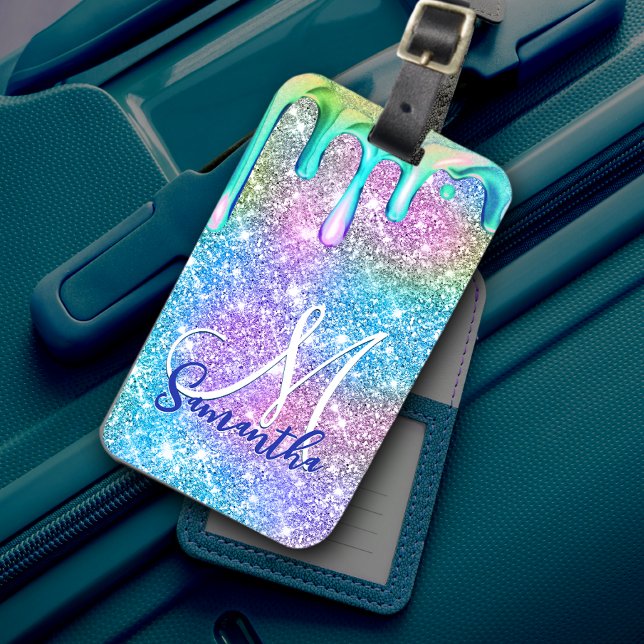 Étiquette À Bagage Jolie licorne bleu parties scintillant rose goutte (Créateur téléchargé)
