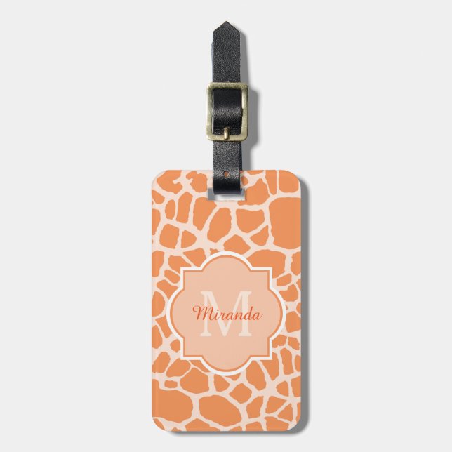 Étiquette À Bagage Jolie Orange Giraffe Imprimer Monogramme et nom (Devant Vertical)