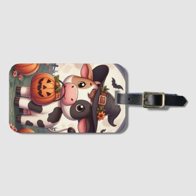 Étiquette À Bagage Jolie vache sorcière d'Halloween (Devant Horizontal)