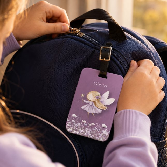 Étiquette À Bagage Jolies Fées Filles Violettes (Monogrammed bag tag. Perfect for school, sports, travel. Cute fairy with person's name. )