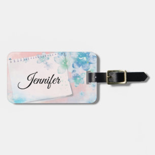 Étiquette À Bagage Jolies Fleurs Bleues sur Fond Rose