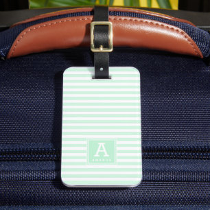 Étiquette À Bagage Jolies Initiales Monogrammes en Rayures Vert Menth