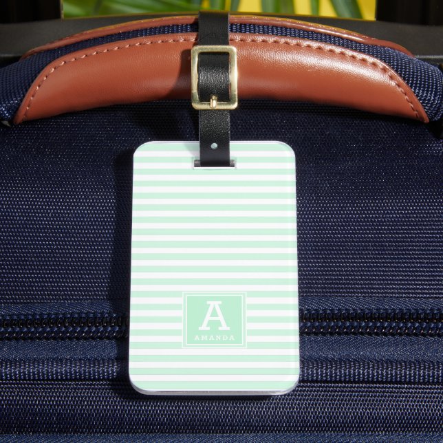 Étiquette À Bagage Jolies Initiales Monogrammes en Rayures Vert Menth (Insitu Rectoal 2)