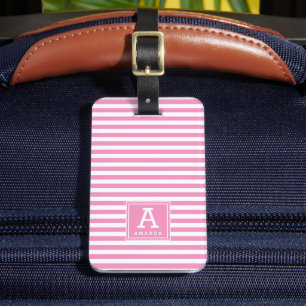 Étiquette À Bagage Jolies Initiales Monogrammes en Rose et Rayures