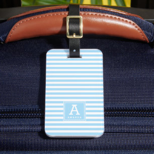 Étiquette À Bagage Jolies Rayures Bleu Poudre Initiales Monogrammées