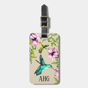 Étiquette À Bagage Jolis colibris d'aquarelle et fleurs pourpres