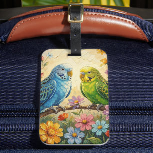Étiquette À Bagage Jolis perroquets bleus et verts 