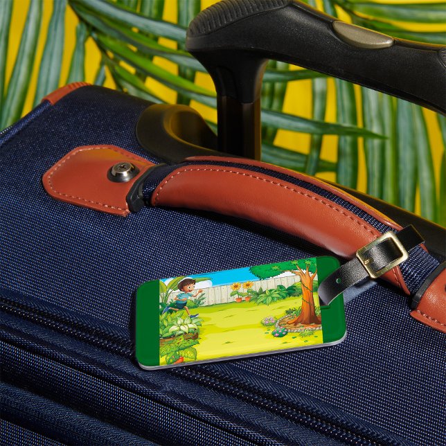 Étiquette À Bagage Joueur garçon courir dans un Jardin vert luxuriant (Créateur téléchargé)
