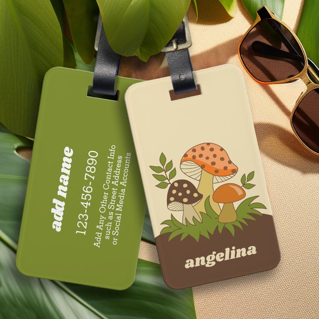 Étiquette À Bagage Joyeux champignons avec nom personnalisé (Custom Luggage Tag - Personalized Bag Tag)