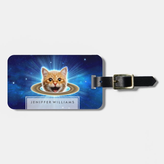 Étiquette À Bagage Joyeux chat dans l'espace. (Devant horizontal)