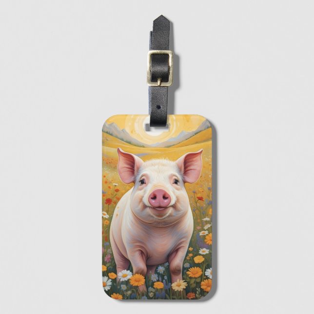 Étiquette À Bagage Joyeux Petit Cochon Sunny Daisy Field (Devant Vertical)