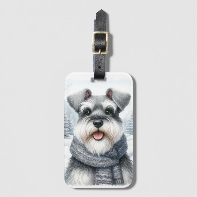 Étiquette À Bagage Joyeux Schnauzer dans un art hivernal (Devant Vertical)