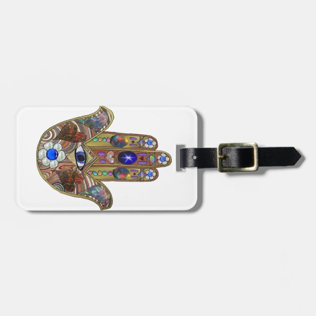 Étiquette À Bagage Judaica Hamsa Coeurs Fleurs Opal Art Imprimer (Devant horizontal)