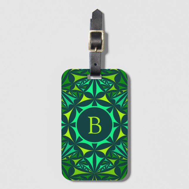 Étiquette À Bagage Kaleidoscope Monogramme Orné Vert Émeraude (Devant Vertical)