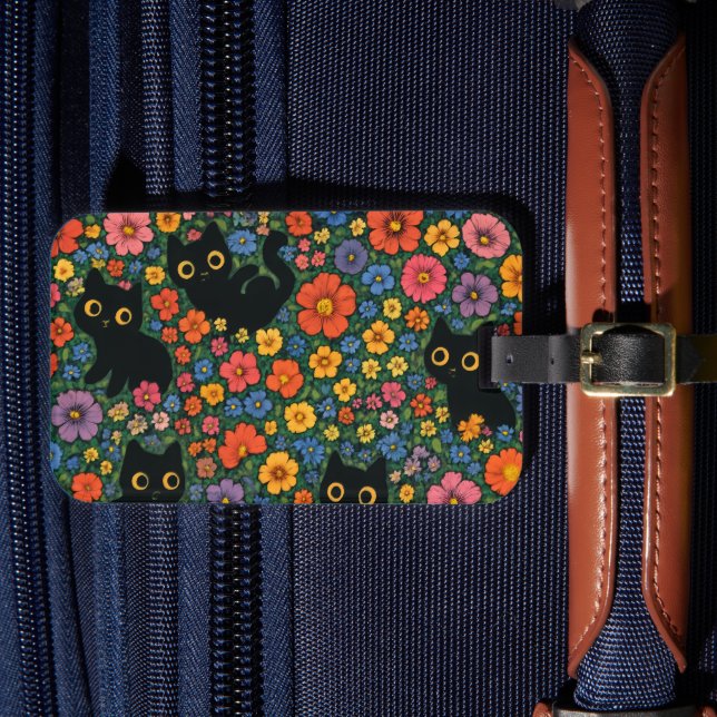 Étiquette À Bagage Kawaii Garden Art | Cute Black Cat Floral Pattern (Insitu Rectoal 4)